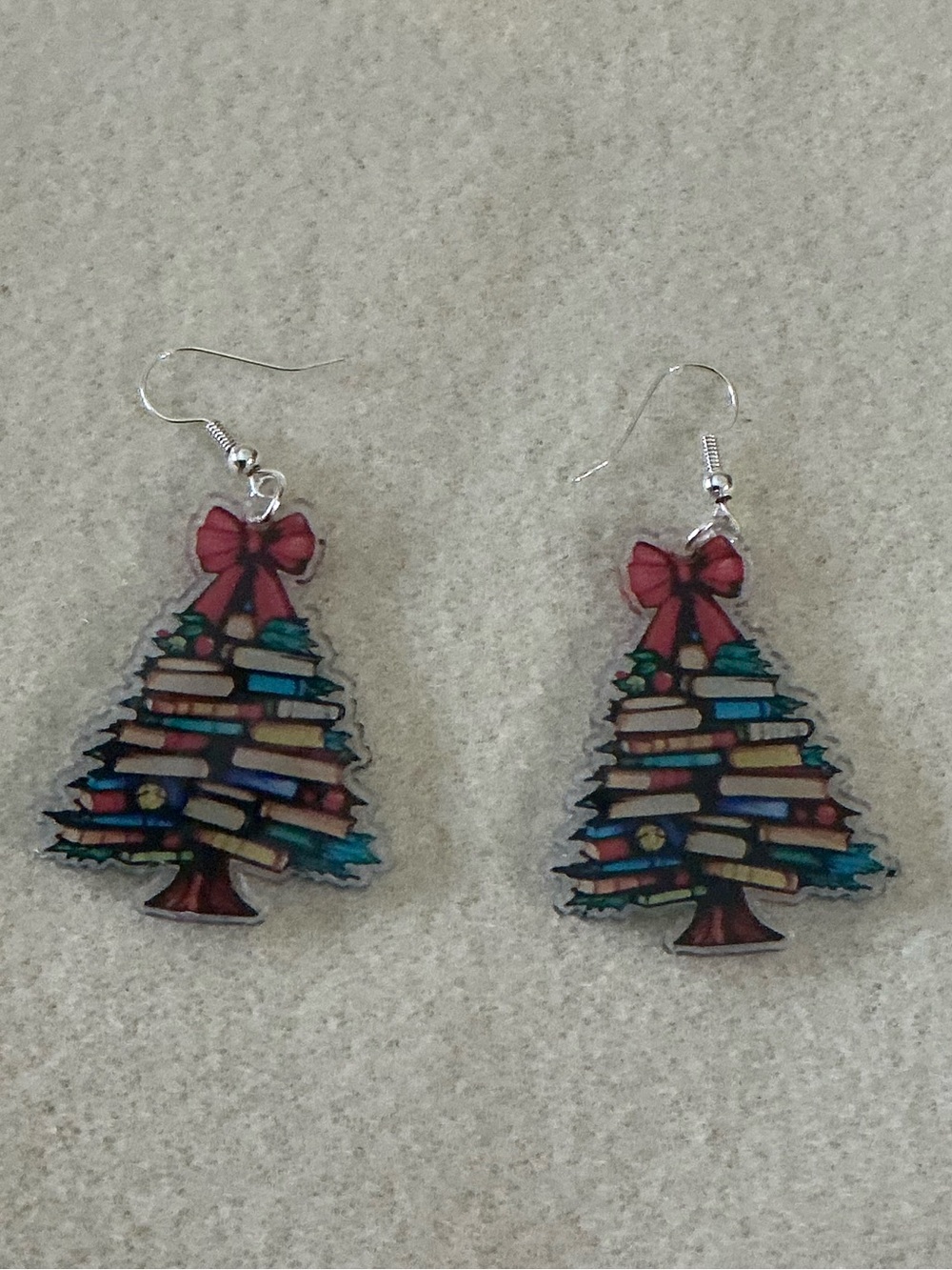 Book Stack Christmas Tree Earrings - Red Bow